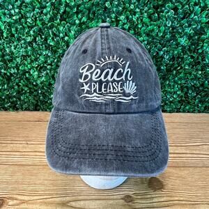 Beach Please Seashell Distressed Gray Hat Cap One Size Adjustable Strap Summer